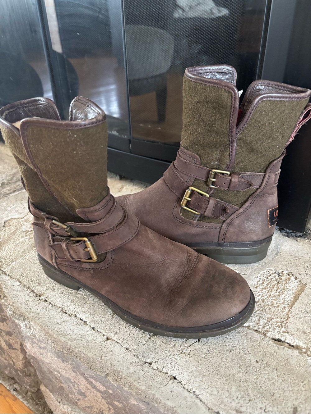 UGG Simmons Biker Leather & Olive Fabric Buckle Boots